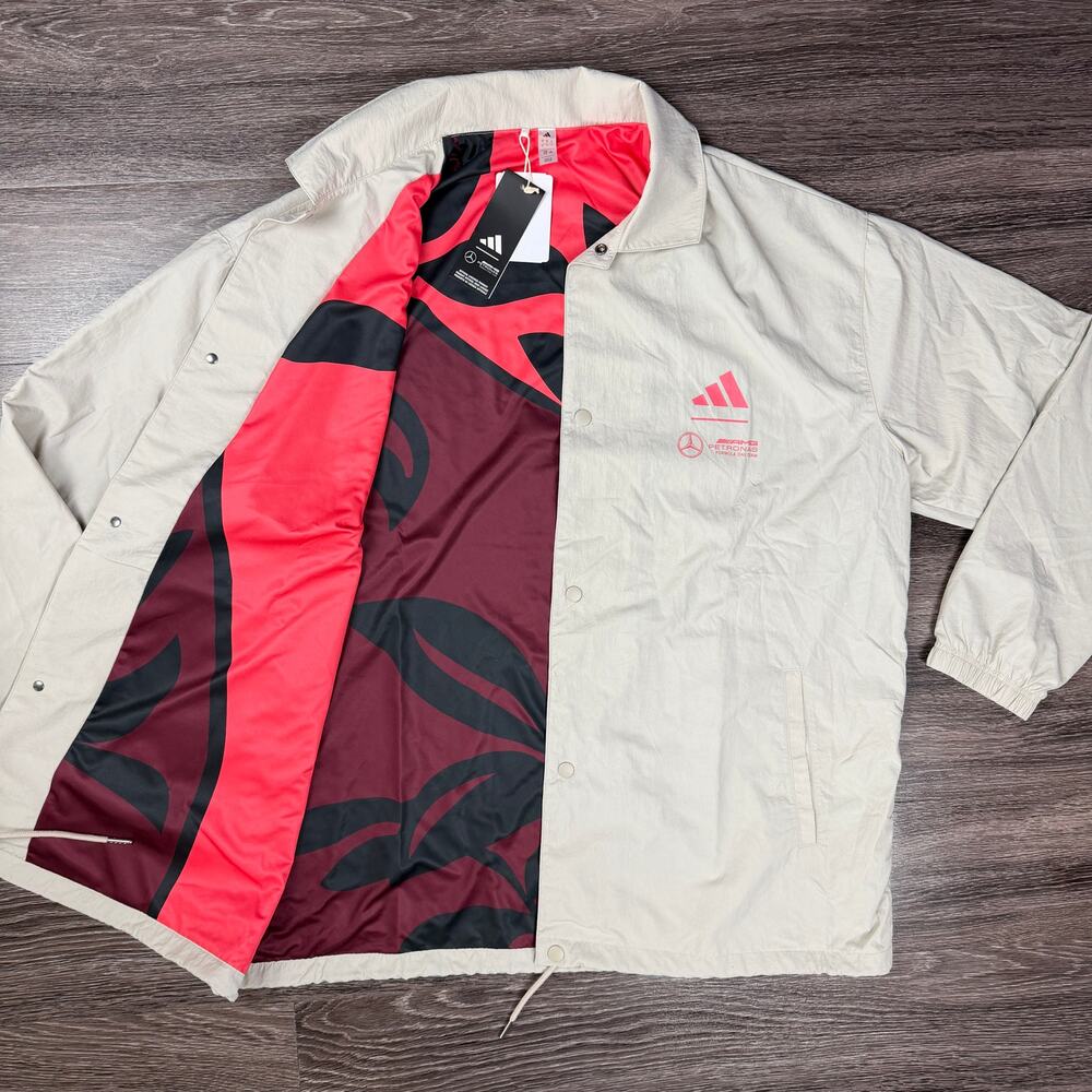 adidas Mercedes AMG Petronas F1 Summer Coach Jacket Beige Men's L NWT JW3362
